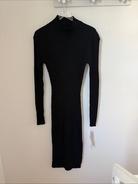 Nina Leonard Black Midi Dress Mock Neck Ribbed New with tags size small